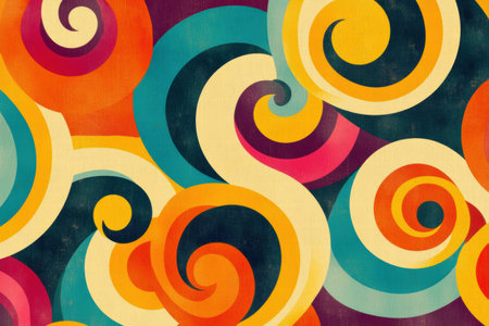 This vibrant design showcases a playful arrangement of spirals and curved lines in a vivid 70s color palette, creating a dynamic retro vibe.の素材