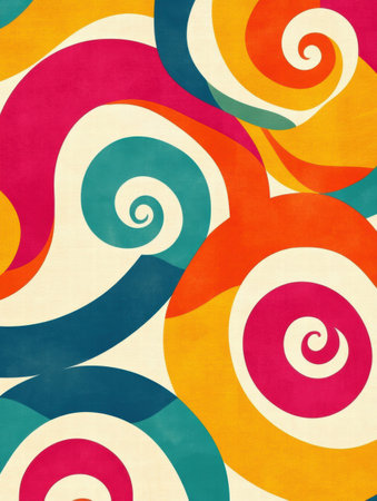 This design showcases a lively arrangement of spirals and curved lines created using a retro inspired 70s color scheme filled with bright hues.の素材