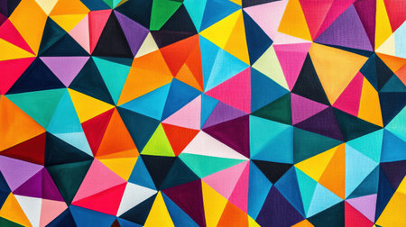 Colorful triangles create a dynamic mosaic pattern, showcasing a mix of shapes and hues that captures attention on a textile backdrop.の素材