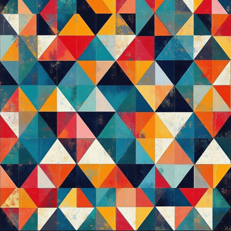 Vivid arrangement of triangles in various colors forms a striking mosaic pattern, showing artistic creativity and modern design elements.の素材