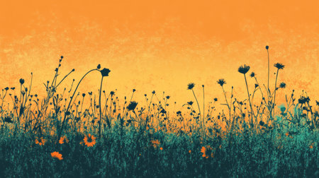 This artwork features a stunning floral landscape bursting with color, highlighting various wildflowers against a vivid orange background at sunset.の素材