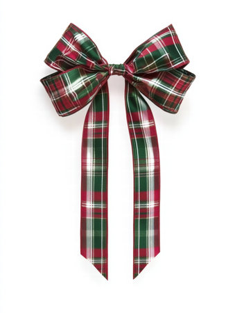 A vibrant plaid bow in red and green offers a cheerful decoration for holiday gifts, perfect for adding a personal touch to celebrations.の素材