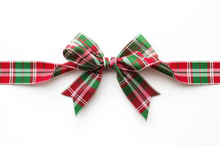 Bright plaid Christmas gift bow sits on a white background, providing a perfect space for heartfelt holiday messages and designs.の素材