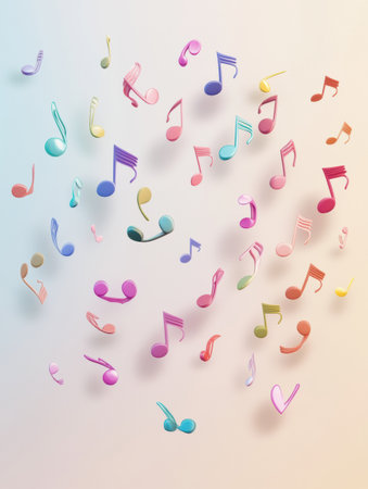 Vibrant 3D music notes in various colors float against a pastel backdrop, creating a lively, colorful atmosphere.の素材