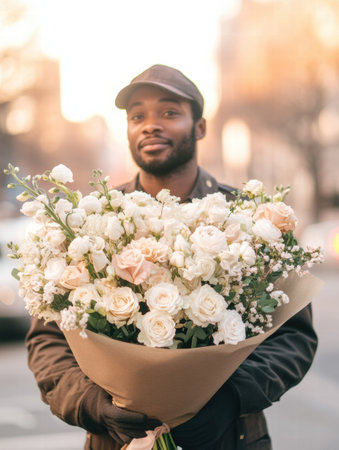 A courier dressed in uniform holds a large bouquet of delicate white and blush pink flowers while standing on a city street at sunset.の素材