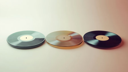 Three vintage vinyl records are displayed on a minimalist background, providing ample copy space for creative text and design integration.の素材