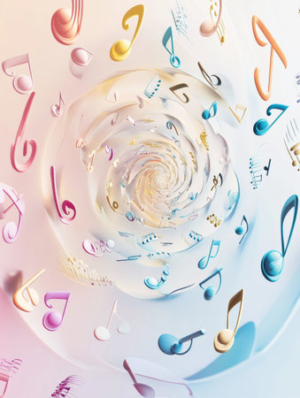Colorful 3D music notes spiral into a vibrant whirlpool, showing creativity and rhythm in an abstract artistic design.の素材