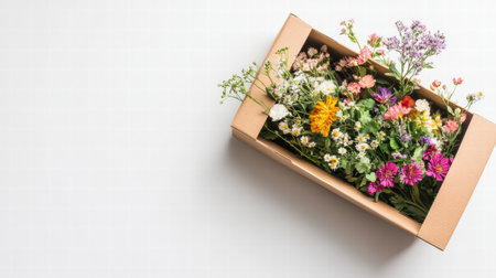 Colorful fresh flowers are arranged elegantly in a cardboard delivery box with ample space for personalized messages or branding.の素材