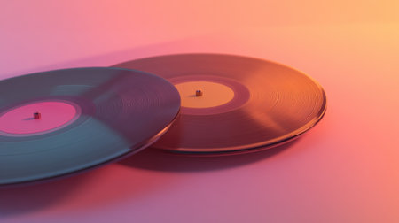Two vintage vinyl records display colorful grooves against a soft gradient background, offering ample space for creative text and design.の素材