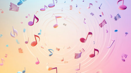 Colorful 3D music notes float in a vibrant gradient background, creating an energetic and dynamic visual experience filled with musical joy.の素材