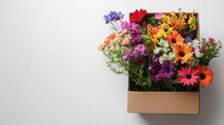 Colorful fresh flowers arranged in a cardboard delivery box on a clean surface, perfect for displays and text placements.の素材