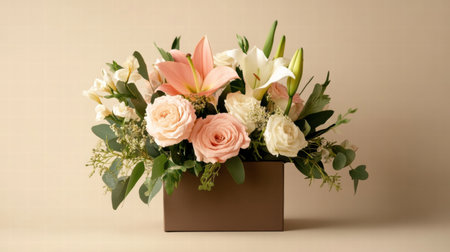 A warm chocolate brown delivery box holds an arrangement of fresh flowers, showing vibrant colors and a blank area for personalized messages.の素材