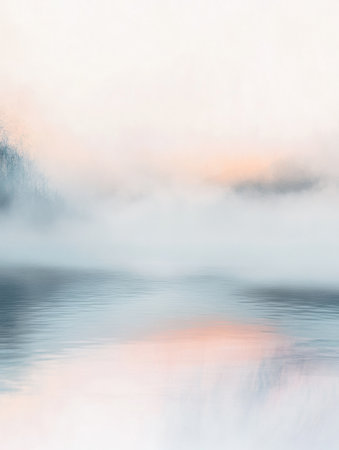 A soft blur encapsulates emotions as faint reflections merge with gentle colors, creating a calm ambiance at daybreak.の素材