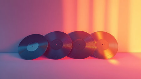 Four vintage vinyl records displayed in colorful lighting, providing an appealing backdrop for a text overlay in a creative setting.の素材