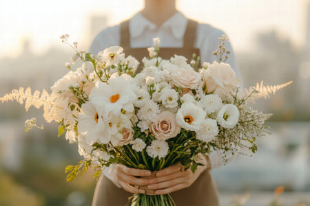A courier in a uniform holds a stunning bouquet of white and blush pink flowers while standing in a city area at sunset, showing casing floral beauty.の素材