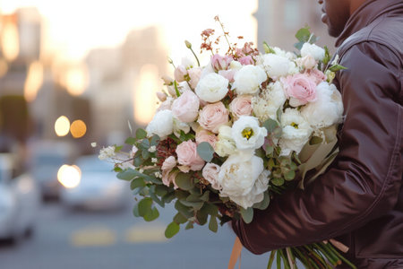 A courier in uniform holds a large, beautifully arranged bouquet of white and blush pink flowers while surrounded by a vibrant city background.の素材