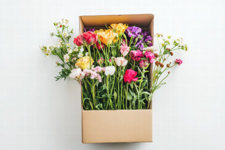Colorful fresh flowers fill a cardboard box, perfect for gift giving or home decoration in a bright, uncluttered area.の素材