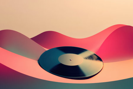 Three dimensional vintage vinyl records rest on vibrant flowing waves, creating a unique visual with room for creative text placement.の素材