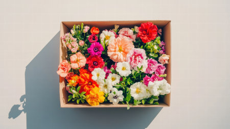 Vibrant assorted flowers are arranged neatly in a cardboard box, perfect for gifts or decor, with ample space for personal messages.の素材