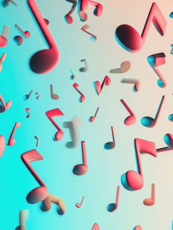 Vibrant 3D music notes float in various orientations against a soft gradient background, creating a playful and artistic atmosphere.の素材