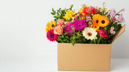 A cardboard delivery box overflows with colorful fresh flowers, perfect for gifting or decoration, with ample space for personalized messages.の素材