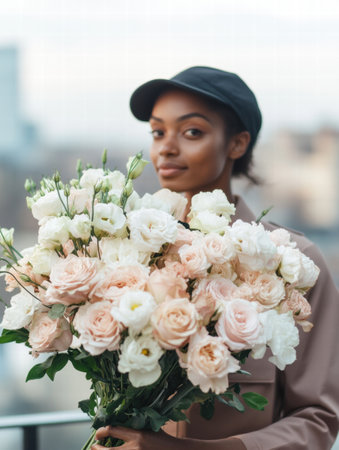 A courier in uniform stands proudly holding a beautiful bouquet of white and blush pink flowers in a city location during sunset.の素材