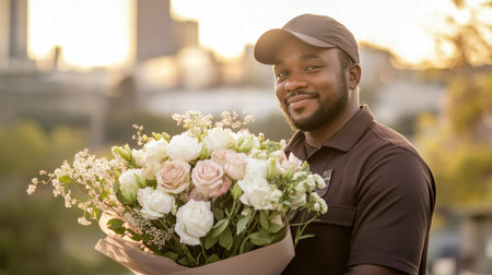 A courier in a uniform smiles while holding a stunning bouquet of white and blush pink flowers during golden hour in an urban area.の素材
