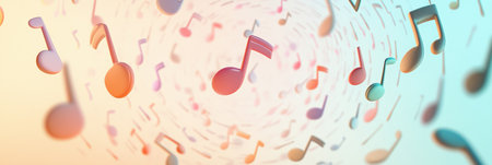 3D music notes float in a colorful swirling pattern, creating an engaging visual that captures the essence of sound and rhythm.の素材