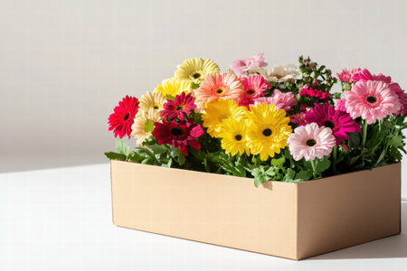 A cardboard delivery box brimming with colorful fresh flowers sits against a light background, ideal for decoration or gifting.の素材