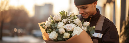 A courier smiles while holding a bouquet of fresh white and blush pink flowers on a city street at sunset.の素材