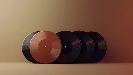 Three classic vinyl records stand displayed against a warm gradient background, with ample space available for adding text.の素材