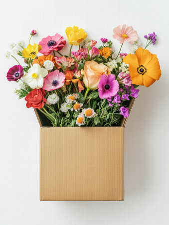 Brightly colored fresh flowers are artistically arranged inside a cardboard delivery box, providing a unique presentation with space for branding.の素材