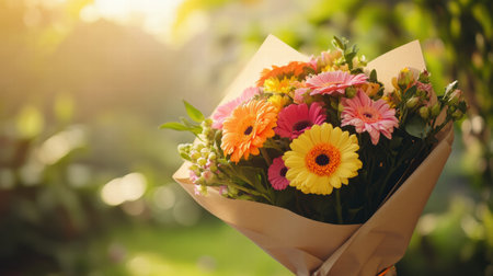 A vibrant flower bouquet featuring gerbera daisies and other blossoms is wrapped in kraft paper, set against a soft nature background.の素材