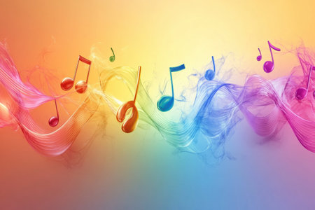 Vibrant music notes float through colorful waves, creating a lively and dynamic representation of sound and rhythm in a captivating atmosphere.の素材