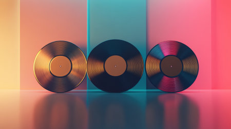 Three vintage 3D vinyl records are arranged against a vibrant background, offering plentiful copy space for creative text or captions.の素材