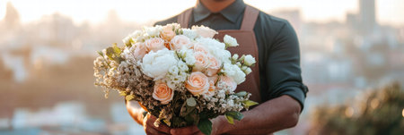 A courier in uniform holds a stunning bouquet of white and blush pink flowers against a picturesque city backdrop at sunset.の素材