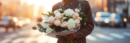 A courier in a uniform holds a stunning bouquet of white and blush pink flowers while walking along a city street at sunset.の素材
