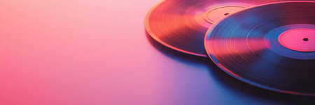 Two 3D vintage vinyl records are positioned against a vibrant background, providing ample space for additional text or graphics.の素材
