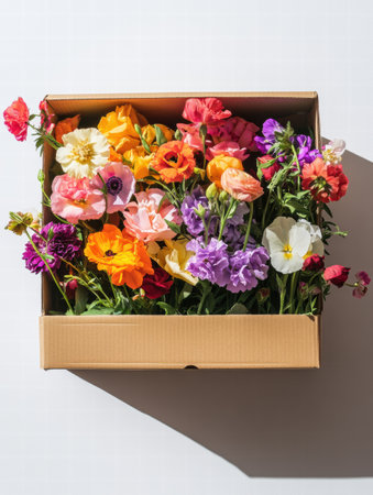 A cardboard box overflows with colorful fresh flowers, perfect for gifting or decor, placed on a clean, bright surface.の素材