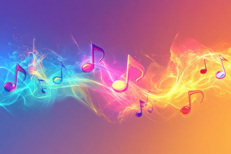 Colorful 3D music notes float through vibrant waves of blue, pink, and orange, creating a dynamic and lively atmosphere.の素材