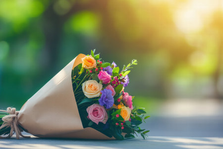 Brightly arranged flowers wrapped in kraft paper rest serenely against a softly blurred background, perfect for any occasion or celebration.の素材