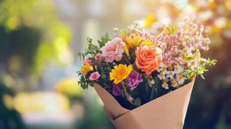 A beautifully arranged bouquet of vibrant flowers is wrapped in kraft paper, presenting a perfect blank space for personalized text or messages.の素材