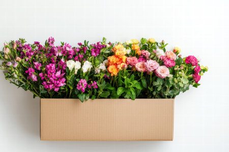 A cardboard box filled with colorful fresh flowers showcases a beautiful arrangement, perfect for personalized gifting or decor.の素材