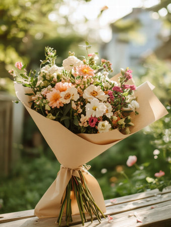 Fresh flowers arranged in a kraft paper bouquet, placed in a sunny garden, ideal for celebratory messages or personal notes.の素材