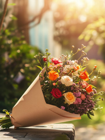 Brightly colored flowers wrapped in kraft paper are displayed outdoors with soft sunlight illuminating the scene, perfect for mock up presentations.の素材