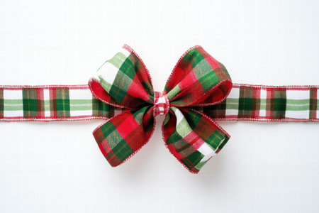 A vibrant plaid Christmas gift bow in red, green, and white offers perfect copy space for festive messages during the holidays.の素材