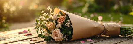 A lovely bouquet wrapped in kraft paper sits elegantly on a wooden table amidst a lush garden bathed in warm sunlight.の素材