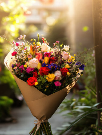 A vibrant flower bouquet showcases an array of colors, neatly wrapped in kraft paper and set in a sunny outdoor environment.の素材