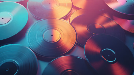 Vintage vinyl records are beautifully displayed, showing unique colors and patterns, inviting creative additions in the space provided.の素材