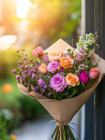 A beautifully arranged flower bouquet features vibrant pink, orange, and purple blooms wrapped in kraft paper, set against a bright garden backdrop.の素材